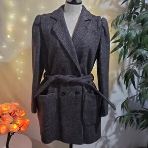 Charles Klein VTG Womens Puff Sleeve Woven Wool Pea Coat Belted Lined Jacket M